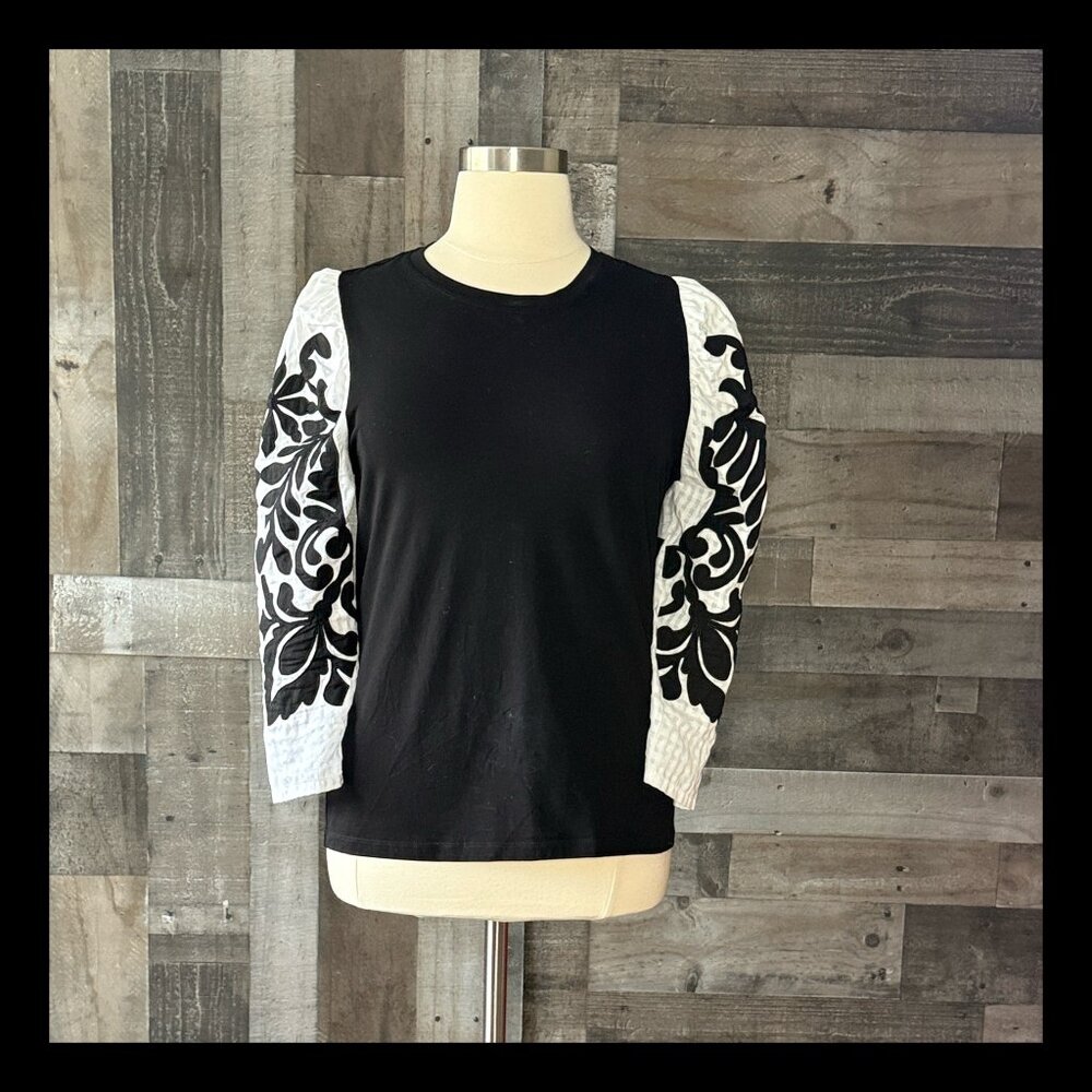 Chico's black and white puff sleeve top large fiesta floral feminine whimsigoth